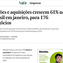 Fuses e aquisies crescem 61% no Brasil em janeiro, para 176 negcios.